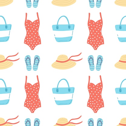 Summer seamless doodle pattern. Beach bag, hat, swimsuit, flip-flops. Flat vector illustration