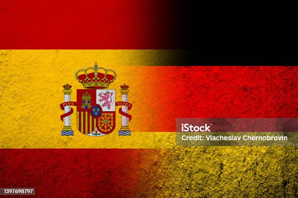 The National Flag Of Germany With Kingdom Of Spain National Flag Grunge Background Stok Vektör Sanatı & İspanya‘nin Daha Fazla Görseli