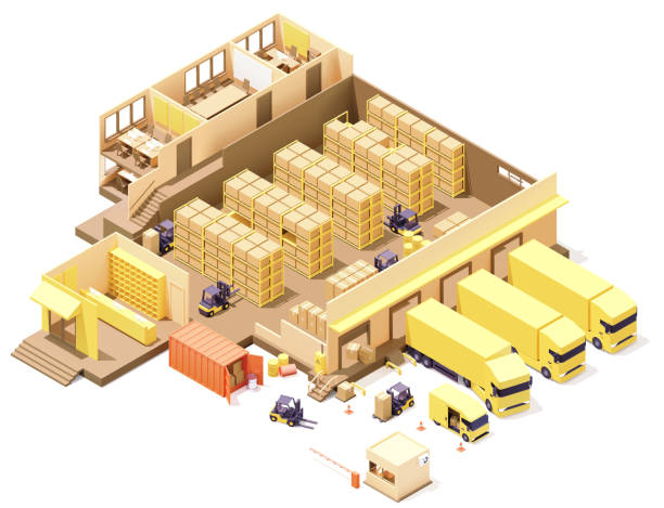 ilustraciones, imágenes clip art, dibujos animados e iconos de stock de sección transversal del edificio de almacén isométrico vectorial - distribution warehouse illustrations