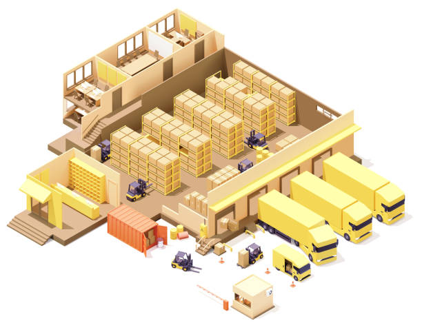 illustrations, cliparts, dessins animés et icônes de section transversale du bâtiment d’entrepôt isométrique vectorielle - building interior illustrations