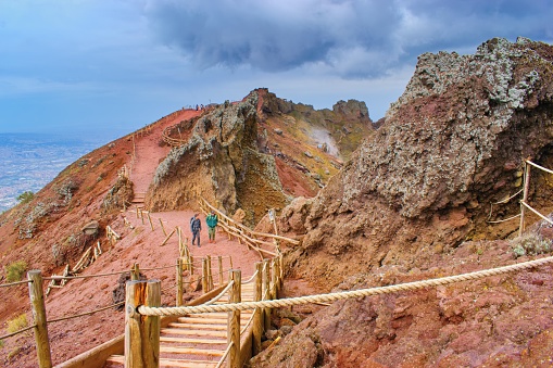 Crater of Mount Vesuvius, Naples, Italy - 28.3.2022: hiking trail view