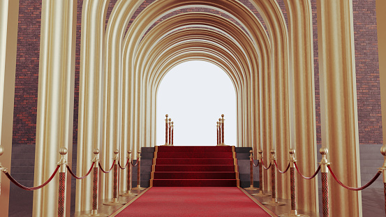 Long tunnel with arches and red carpet withe golden barrier, vip door entrance, walkway arch, 3D render