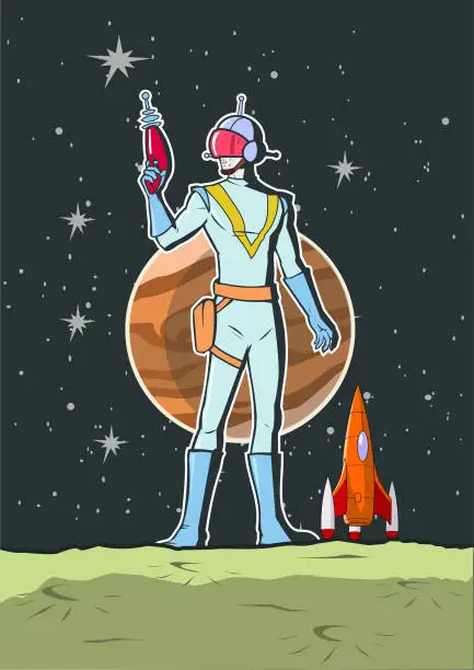 Vector illustration of Vector Retro Pop Art Space Ranger in a Planet Stock illustration