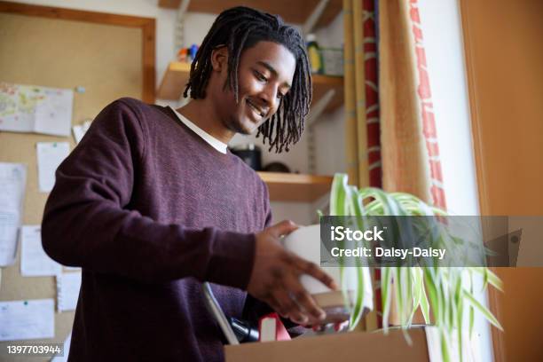 Male University Or College Student Moving Into Campus Room Unpacking Plant Stock Photo - Download Image Now