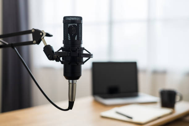 istock Condenser microphone in recording home studio. Content creator working with laptop host streaming radio podcast interview conversation at home broadcast studio recording voice over radio 1397704298