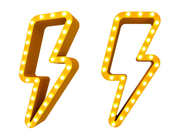 Retro 3d yellow thunder or lightning flash with glowing light bulbs isolated over white background 3D rendering