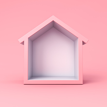 Blank sweet exhibition booth house showcase or simple display house box stand isolated on pink pastel color background minimal conceptual 3D rendering