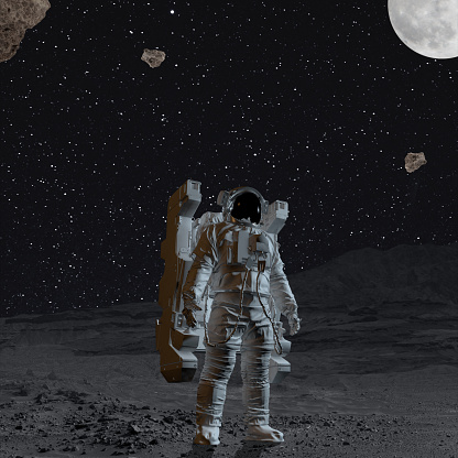 Astronaut in outer space, on an unknown planet over dark starry background. 3d rendering. Concept of research, art, challenges. Creative collage