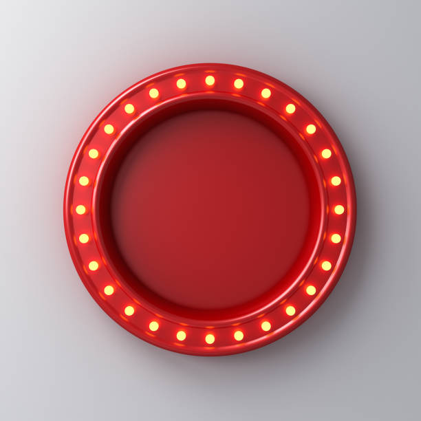 Retro red round sign neon billboard with yellow light bulbs isolated on white wall background with shadow 3D rendering stock photo