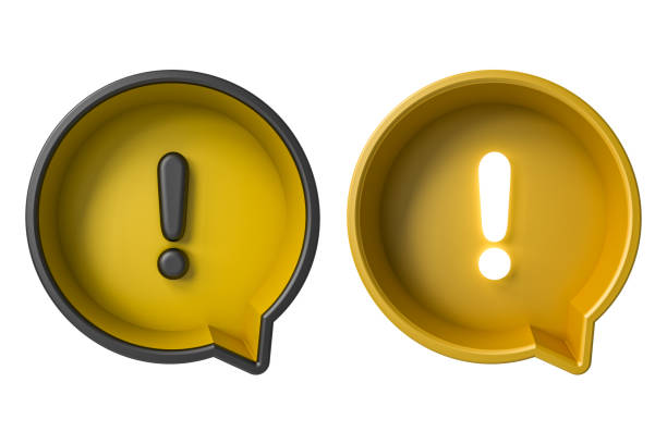 Exclamation mark on yellow round social media notification speech bubble pin isolated on white background 3D rendering