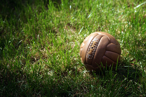 White and black football in a field close up on a bright sunny summers day 3d render