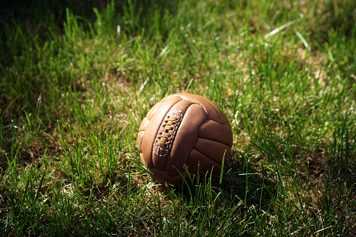 football soccer ball basketball tennis ball and racket laid on grass at sunset