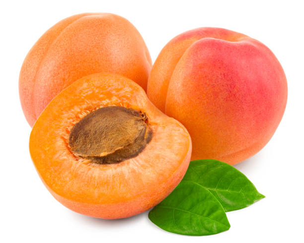istock apricot fruit with green leaf isolated on white background. clipping path 1397711969