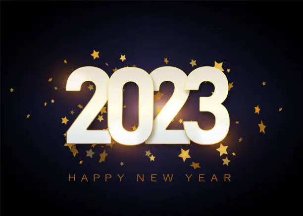 Vector illustration of Happy New Year 2023. Festive design with Christmas decorations.