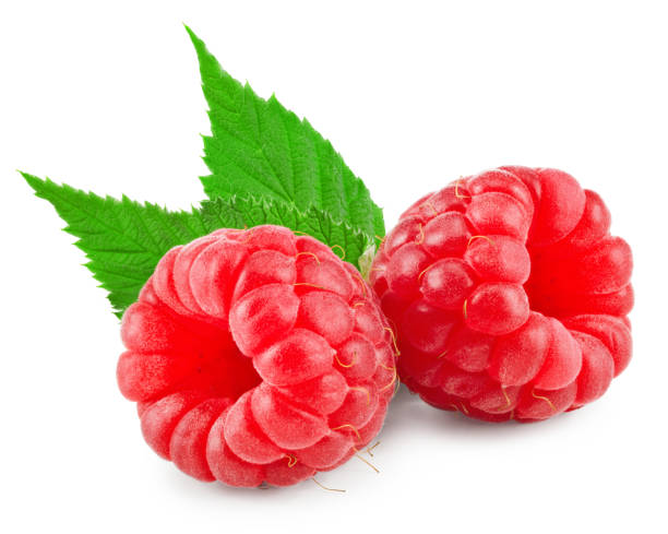 istock Ripe raspberries with green leaf isolated on white background. clipping path 1397711978