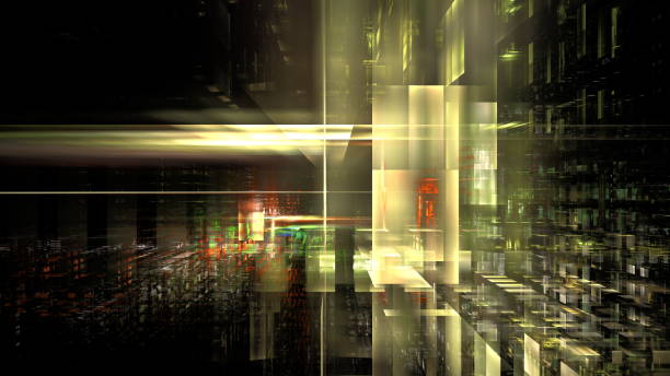 istock Digital interior building Hi tech Abstract data center server tonel. Business technology blurred Polygonal geometric digital cyberpunk space, color light. 3D render 1397712006