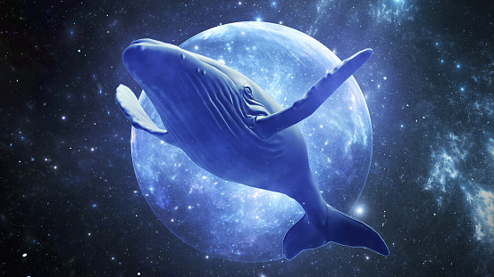 Big humpback whale swims in space among stars on background of planet. Fantastic art illustration of a space whale with large fine and tail. 3d render