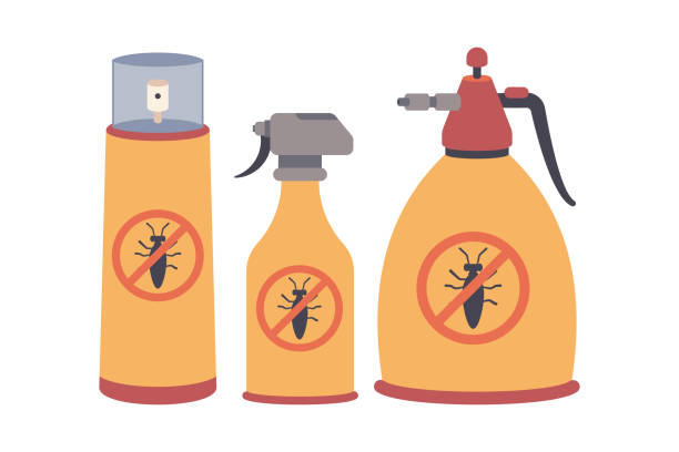 Pest control with chemical in spray bottle vector cartoon illustration isolated on a white background. Pest control with chemical in spray bottle vector cartoon illustration. insecticide stock illustrations