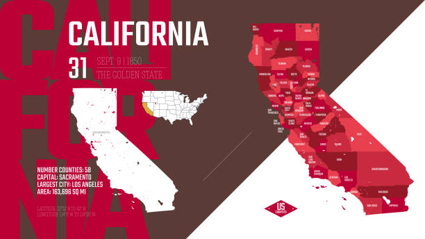 illustrazioni stock, clip art, cartoni animati e icone di tendenza di 31 dei 50 stati degli stati uniti, divisi in contee con soprannomi territoriali, mappa dettagliata vettoriale della california con nome e data ammessi all'unione, poster di viaggio e cartolina - map san francisco bay area san francisco county california