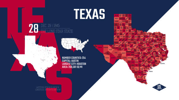 28 z 50 stanów stanów zjednoczonych, podzielonych na hrabstwa z pseudonimami terytorialnymi, szczegółowa wektorowa mapa teksasu z nazwą i datą przyjęcia do unii, plakat podróżniczy i pocztówka - texas state flag stock illustrations