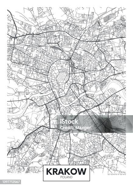 City Map Krakow Travel Vector Poster Design Stock Illustration - Download Image Now - Krakow, Map, Vector