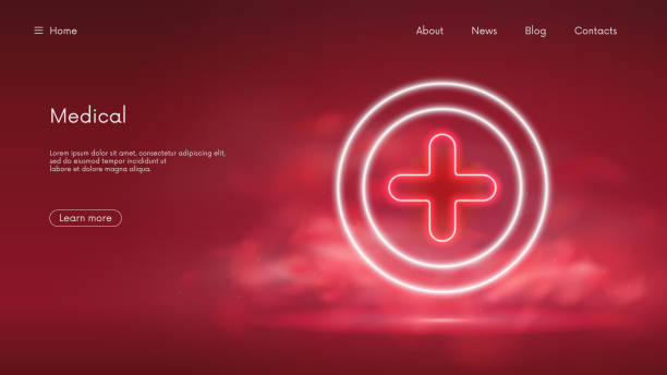 赤十字のヘルスケアと医療コンセプト、世界健康デーバナー、煙の中に赤いネオンが輝く未来的な技術、ベクタービジネスの背景 - add contact点のイラスト素材／クリップアート素材／マンガ素材／アイコン素材