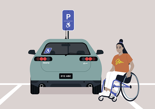 City services, accessible parking lot for a person with disabilities, a young female Asian character in a wheelchair