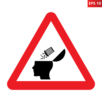 Brainwashing warning sign. Vector illustration of red sign with open human head with garbage thrown out it from trash. Garbage in head symbol. Manipulation and propaganda concept.