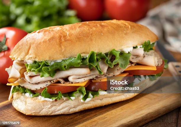 Turkey And Ham Submarine Sandwich Stock Photo - Download Image Now - Submarine Sandwich, Turkey Meat, Ham