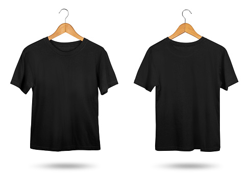 Blank black T-shirt mock up with coat hanger isolated on white background. Front and back view.