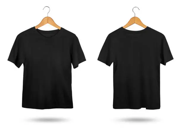 Blank black T-shirt mock up with coat hanger isolated on white background. Front and back view.