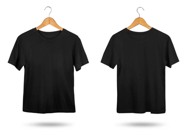 blank black t-shirt mock up with coat hanger isolated on white background. front and back view. - tişört stok fotoğraflar ve resimler