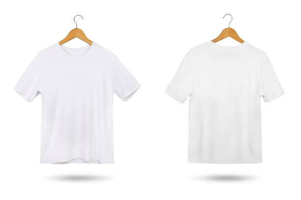 istock Blank white T-shirt mock up with coat hanger isolated on white background. Front and back view. 1397715911