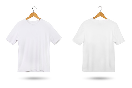 Blank white T-shirt mock up with coat hanger isolated on white background. Front and back view.