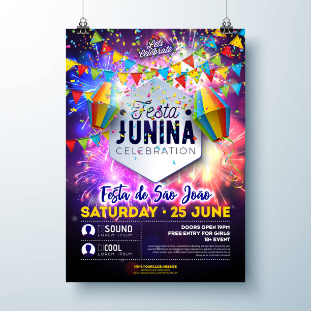 stockillustraties, clipart, cartoons en iconen met festa junina party flyer illustration with flags and paper lantern on firework background. vector brazil june sao joao festival design for banner, invitation or holiday celebration poster. - são joão