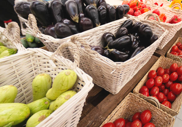 vegetables in baskets at farmer market