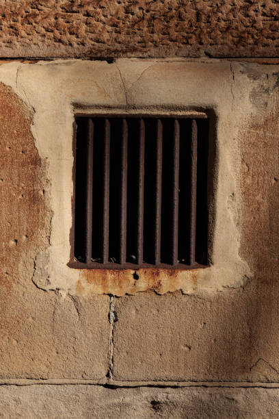 Close-up on a. protected window in an old wall.