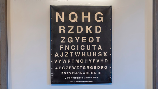 Eye test chart. Eye care test placard with latin letters. Vision Exam. Luxry table for vision check for interior decoration. Vision test board optometrist.