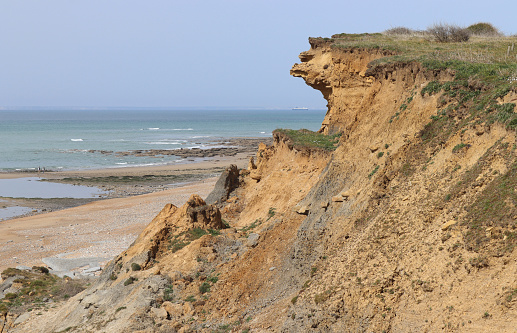 Coastal erosion along the cliffs of Pointe de Nid de Corbet, near Audresselles on the Opal Coast of Northern France.