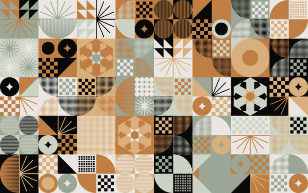 bauhaus-inspirierte grafische musterkunstwerke mit abstrakten geometrischen vektorformen - pattern circle backgrounds retro revival stock-grafiken, -clipart, -cartoons und -symbole