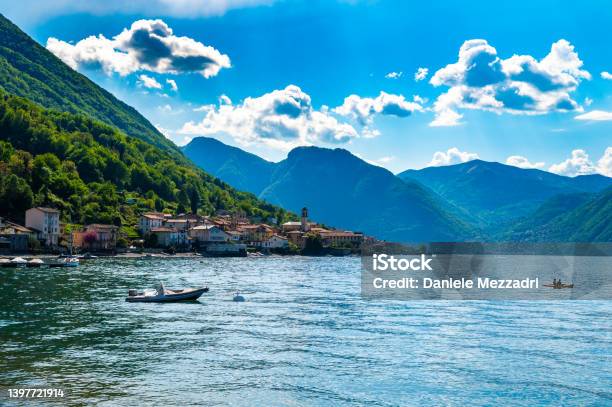 Panorama Of Lake Como And The Town Of Lezzeno Stock Photo - Download Image Now - Lake Como, Built Structure, City