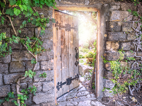 Mysterious wooden open door leading to garden as entrance to fairyland. Concept of new life, hope, happy fabulous adventure.