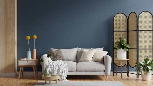 istock Living room with gray sofa and dark blue wall. 1397723480