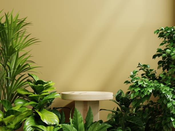 istock Wooden podium display with leaf shadow composition for product presentation. 1397723515