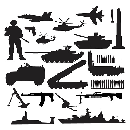 black and white silhouettes of Military equipment set, the weapon  armed forces icon set.