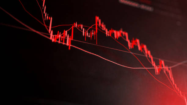 il crollo rosso della volatilità del mercato del trading di criptovalute con grafico e indicatore tecnici, candele rosse che scendono senza resistenza, paura del mercato e tendenza al ribasso. concetto di sfondo di criptovaluta. tradingview - candlestick holder chart forex graph foto e immagini stock