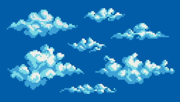 illustrations, cliparts, dessins animés et icônes de ensemble d’icônes pixel art nuageux bouclés moelleux. fumée ou brouillard, collection de logos sky elements. - cumulus cloud condensation sky blue