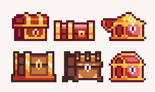 Wooden And Golden Chest Pixel Art Set Treasure Box Collection 8