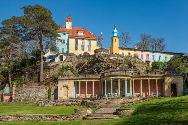 Portmeirion, Wales, UK Wide angle view of colourful buildings at Portmeirion village. Portmeirion is a village in Gwynedd, North Wales. portmeirion stock pictures, royalty-free photos & images