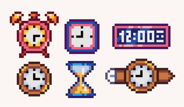 różne zegarki pixel art zestaw. elektroniczna, klepsydra, kolekcja zegarków na rękę. 8-bitowy duszek. - clock ticking stock illustrations